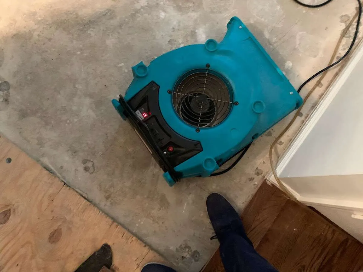 Air mover drying subfloor during Leak Detection & Repair in Mechanicsville